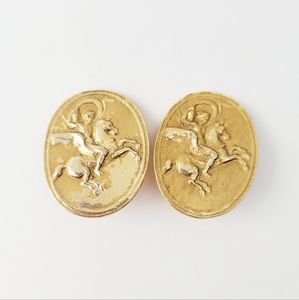 Vintage Gold Tone Fresco Style Horse and Rider Clip On Earrings